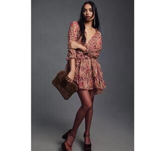 New Anthropologie x Misa V-Neck Floral Mini Dress $435 MEDIUM Light Red